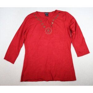 WEST END - WOMEN'S RED 3/4 SLEEVE BEADED PULLOVER SWEATER - SIZE M
